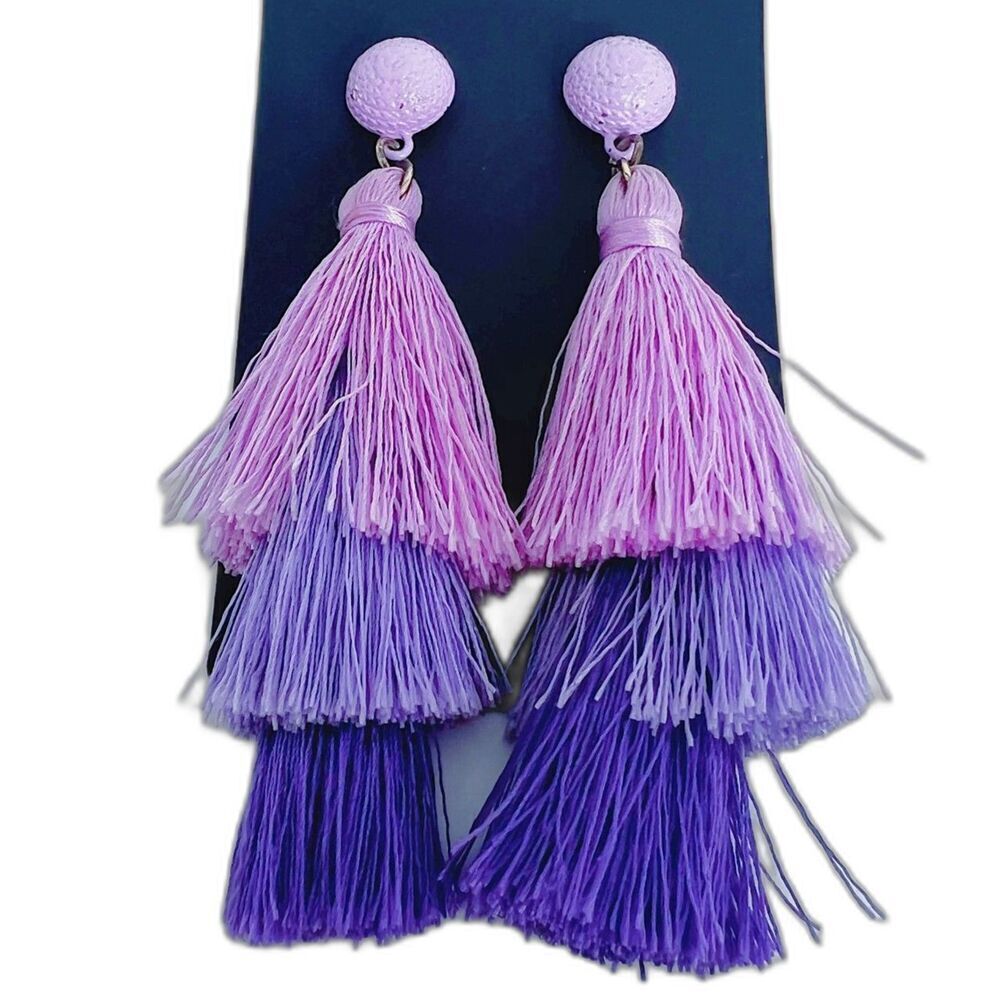 Pink Purple Layered Tassel Statement Earrings Boho Chic
